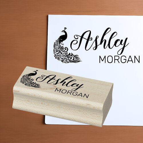 Stylish Peacock Silhouette Signature Name Rubber Stamp