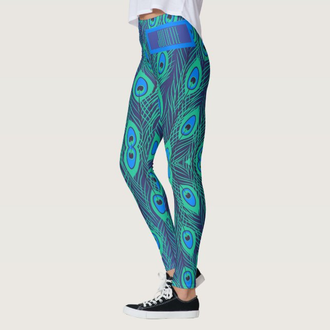 Stylish Peacock Tail in Teal & Blue Color Custom Leggings (Left)