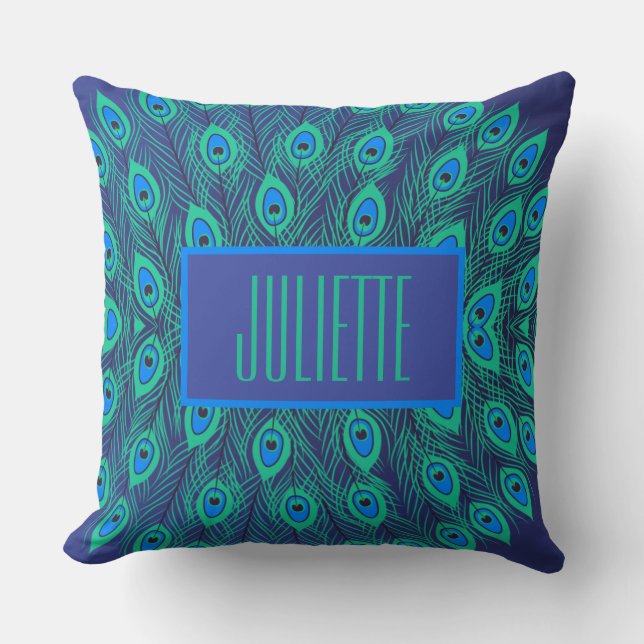 Stylish Peacock Teal & Blue Color Personalized  Throw Pillow (Front)