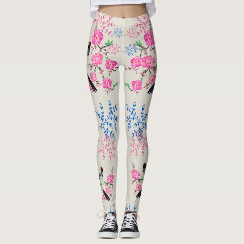 Stylish Pearl Floral Flowers Nature Birds  Leggings