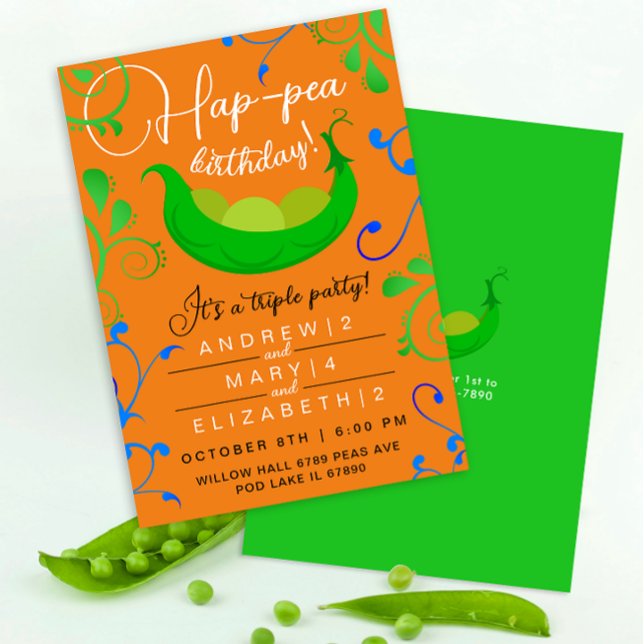 Stylish Peas In A Pod Orange Triplets Joint Party Invitation (Creator Uploaded)
