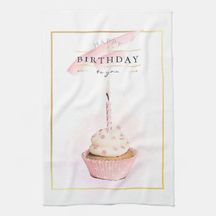 Stylish Pencil Art Pink Birthday Cupcake Kitchen Towel