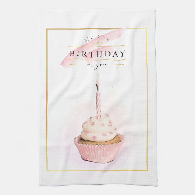 Stylish Pencil Art Pink Birthday Cupcake Kitchen Towel (Vertical)