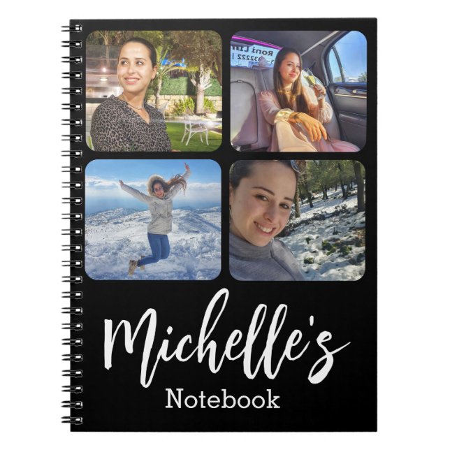 stylish  personalized 4 photos collage black white notebook (Front)