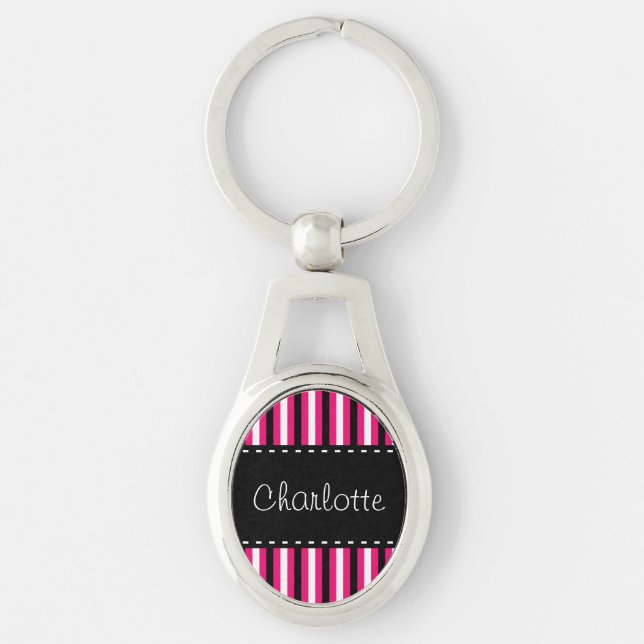 Stylish Personalized Black White Pink Stripes Keychain (Front)