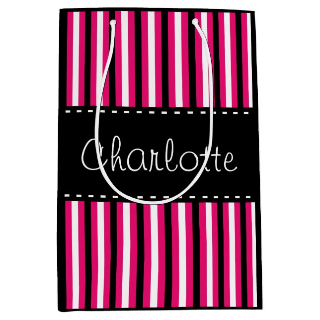 Stylish Personalized Black White Pink Stripes Medium Gift Bag (Front)