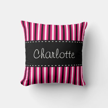 Stylish Personalized Black White Pink Stripes Throw Pillow by VintageDesignsShop at Zazzle