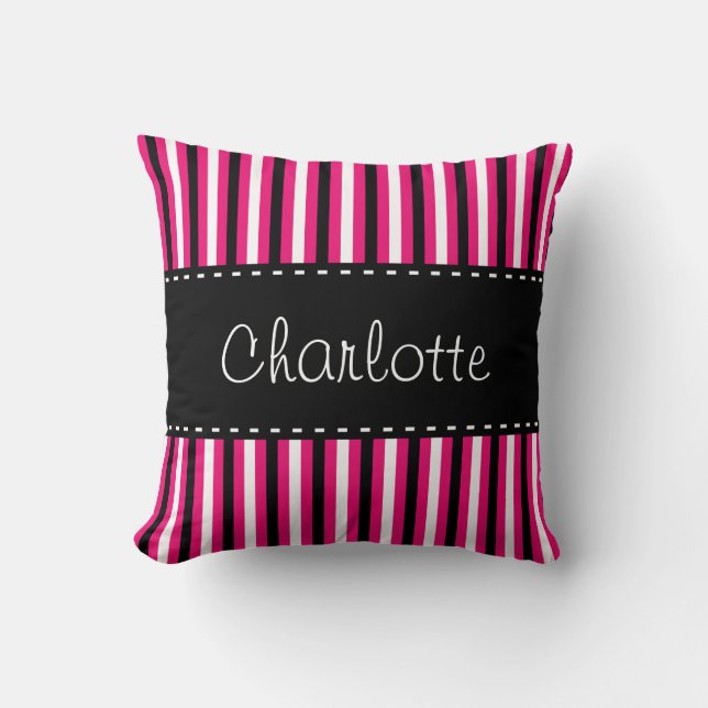 Stylish Personalized Black White Pink Stripes Throw Pillow (Front)