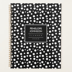 Stylish Personalized Black White Polka Dot Pattern Planner