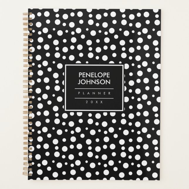 Stylish Personalized Black White Polka Dot Pattern Planner (Front)