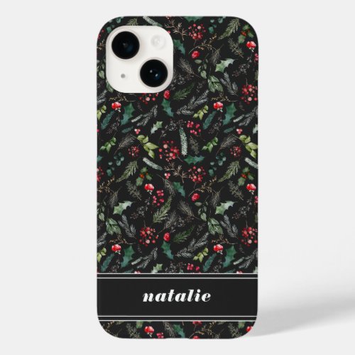 Stylish Personalized Christmas Botanical Foliage Case_Mate iPhone 14 Case