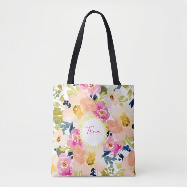 Stylish Personalized Floral  Tote Bag (Front)