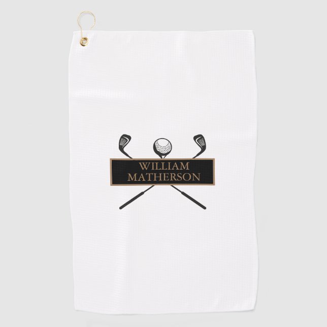 Stylish Personalized Gold and Black Classic Golf Towel (Front)