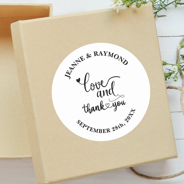 Stylish Personalized Love and Thank You Wedding  Classic Round Sticker (Creator Uploaded)
