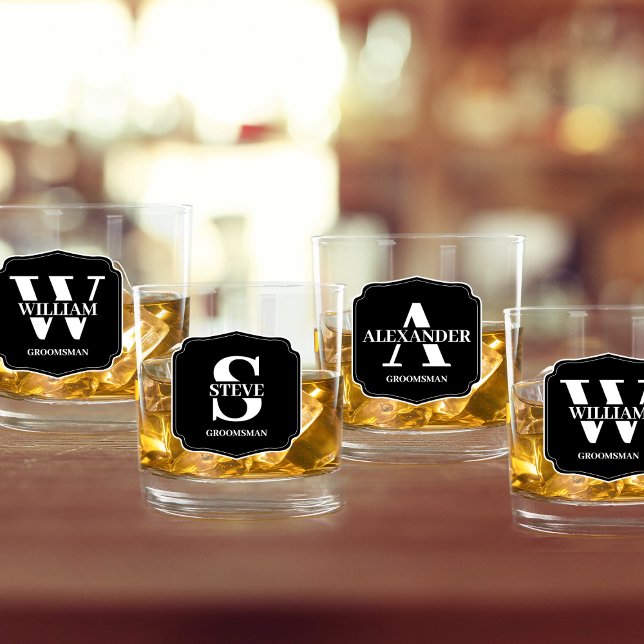 Stylish Personalized Monogram Groomsman Proposal  Whiskey Glass (groomsman proposal personalized whiskey glasses monogram stylish classic)