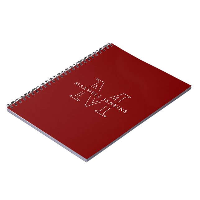 Stylish Personalized Monogram Name Deep Red Notebook (Left Side)