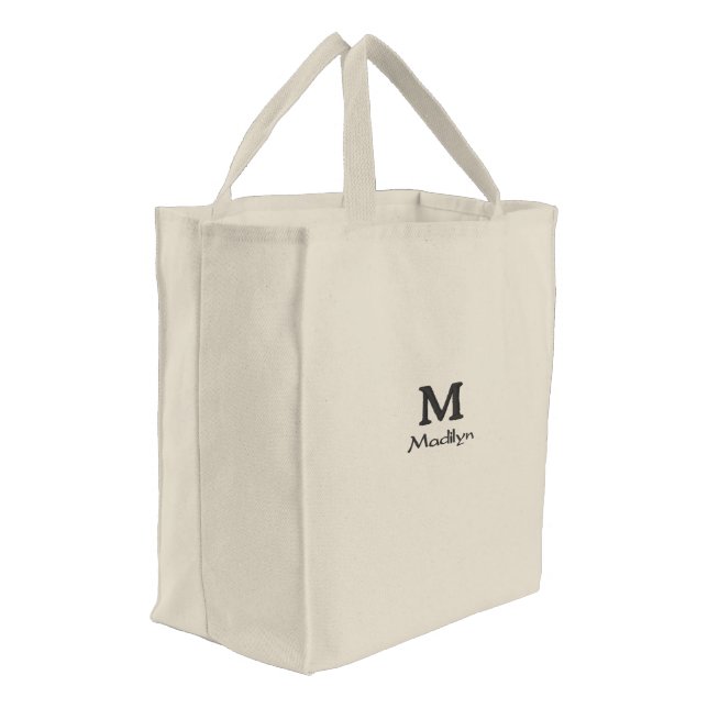 Stylish Personalized Monogram Name Design Natural Embroidered Tote Bag (Angled)