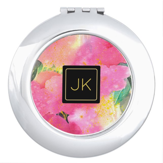 Stylish Personalized Monogram Watercolor Floral Compact Mirror (Front)
