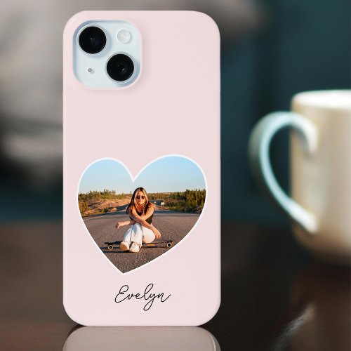 Stylish Personalized Name Photo Love Heart Pink iPhone 15 Case