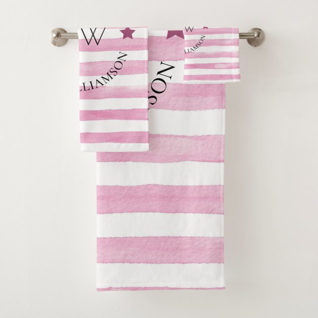 Stylish personalized pink stripes  bath towel set (Insitu)
