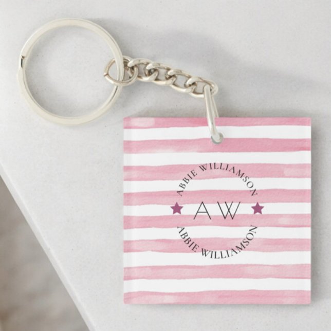 Stylish personalized pink stripes  keychain (pink stripy monogram personalized keychain )