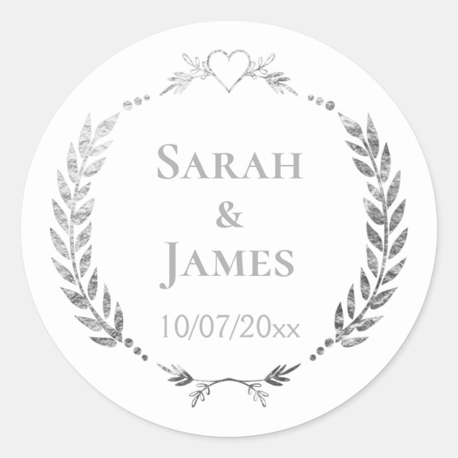 Stylish Personalized Silvery Gray Wreath Wedding Classic Round Sticker (Front)