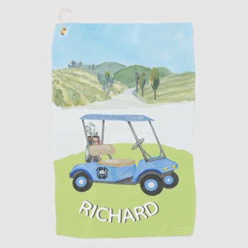 Stylish Personalized Watercolor Golf Cart Name Golf Towel