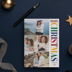 Stylish Photo Collage Jewel Tone Merry Christmas Holiday Card