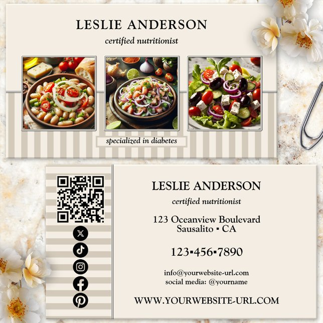 Stylish Photo Dietitian Nutritionist Health Coach Business Card (Dietitian or nutritionist business card featuring your photos framed by a stylish tan striped design)