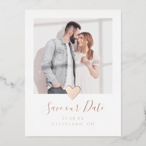 Stylish Photo Heart Save the Date Real Rose Gold Foil Invitation Postcard