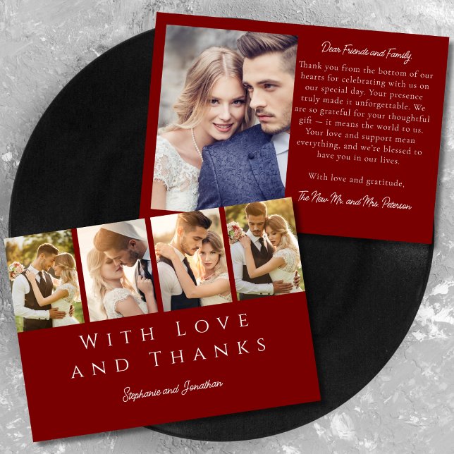 Stylish Photo Strip Modern Burgundy Red Wedding  Thank You Card (Creator Uploaded)