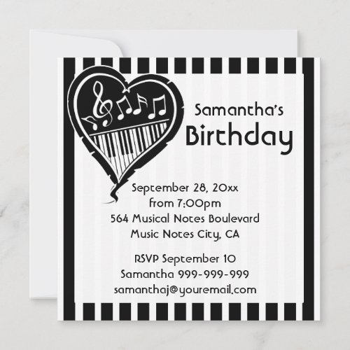 Stylish piano love heart music   Birthday Party Invitation