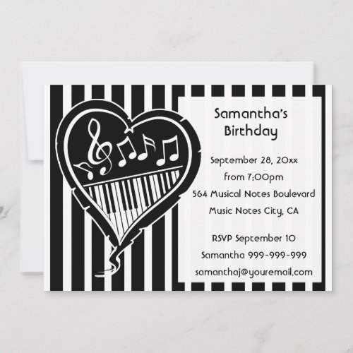 Stylish piano love heart music   Birthday Party Invitation