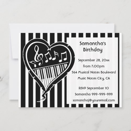 Stylish piano love heart music   Birthday Party Invitation