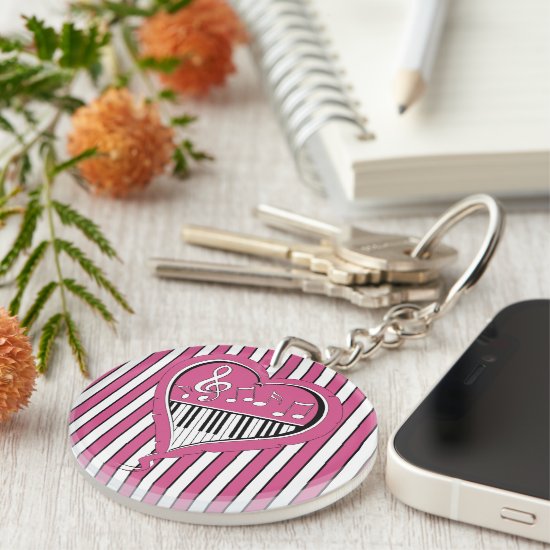 Stylish Piano Music Notes in Pink, Black and White Keychain