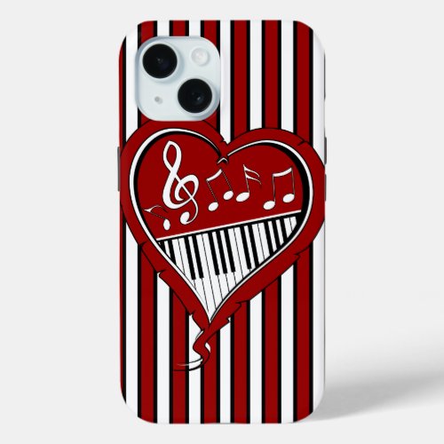 Stylish Piano Music Notes in Red Black and White iPhone 15 Case