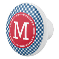 Stylish Picnic Blue Gingham and Red Monogram Ceramic Knob
