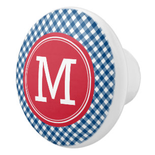 Stylish Picnic Blue Gingham and Red Monogram Ceramic Knob