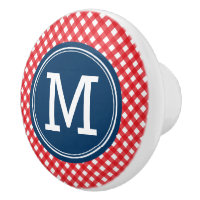 Stylish Picnic Red Gingham and Blue Monogram Ceramic Knob