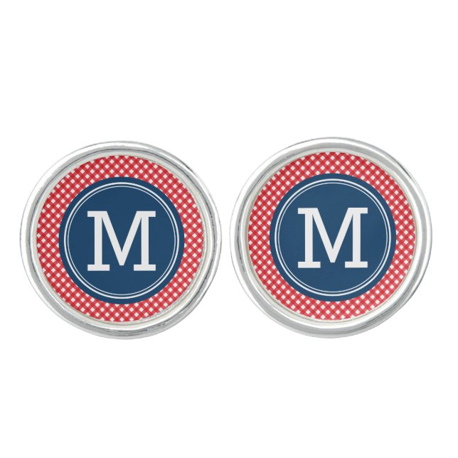 Stylish Picnic Red Gingham Monogram Cufflinks (Front)