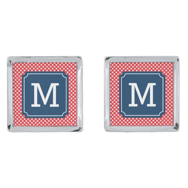 Stylish Picnic Red Gingham Name Monogram Silver Cufflinks (Front)
