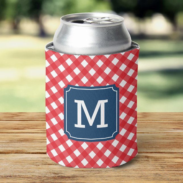 Stylish Picnic Red Gingham Personalize Monogram Can Cooler (Creator Uploaded)