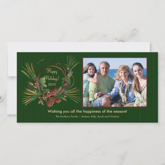 Stylish Pine Cone Wreath Holiday PhotoCard Card (Front)