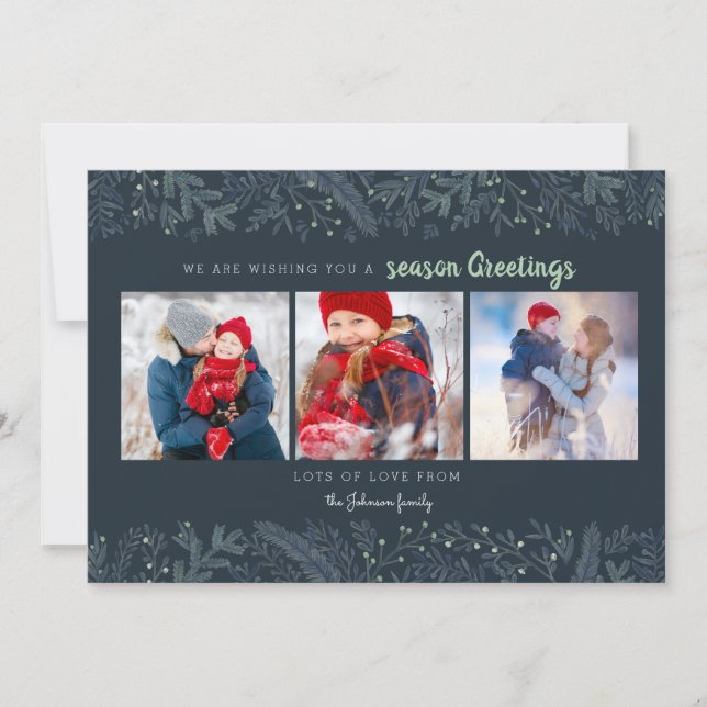 Stylish Pine Vines green blue Season Greetings Holiday Card (Front)