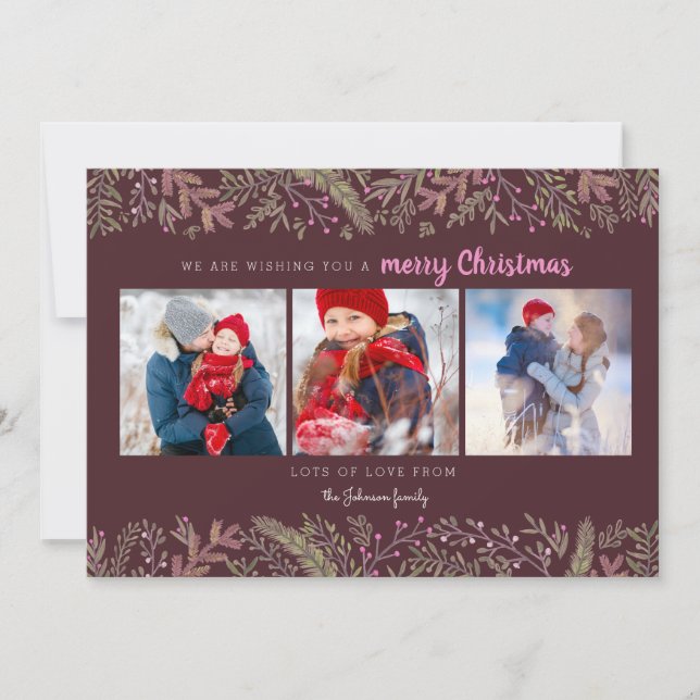 Stylish Pine Vines green dark red trees Christmas Holiday Card (Front)