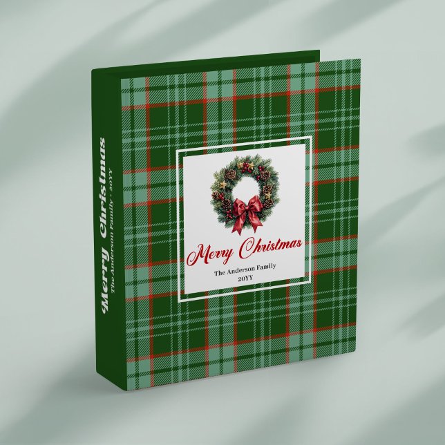 Stylish pine wreath with red green plaid memory  3 ring binder (Stylish pine wreath with red green plaid memory book)