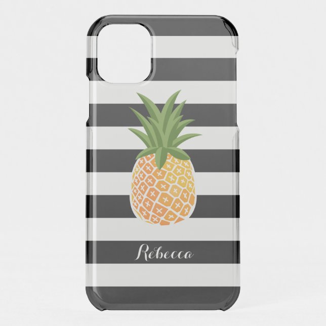 Stylish Pineapple Black White Stripes Uncommon iPhone Case (Back)