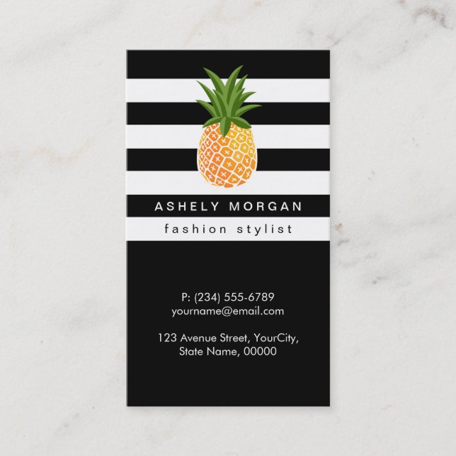 Stylish Pineapple with Black White Stripes Business Card (Front)