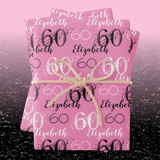 Stylish Pink 60th Birthday Personalized Gift Wrap (Wrapping Paper in-situ)