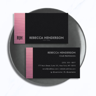 Stylish Pink Accent Panel & Black Leather Monogram Business Card